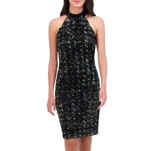 Elegant Dark Green Sequin Halter Dress - NWT